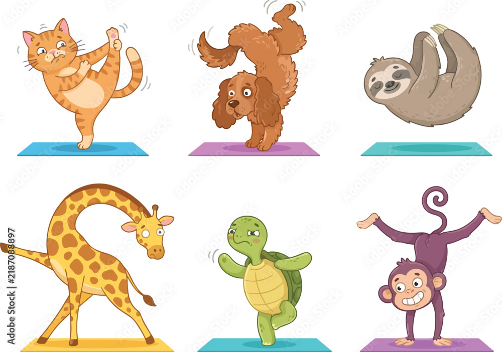 Fototapeta premium A collection of cute cartoon animals practicing various yoga poses on colorful mats.