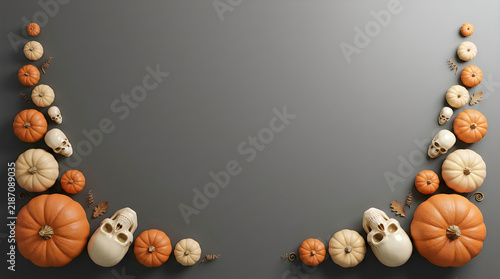 Halloween pumpkin and skull border on dark background. Spooky autumn harvest frame with orange gourds. Minimalist holiday flat lay.