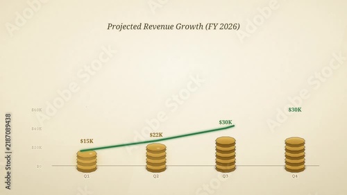 Animated Quarterly Revenue Growth Chart with Stacking Gold Coins and Rising Trend Arrow