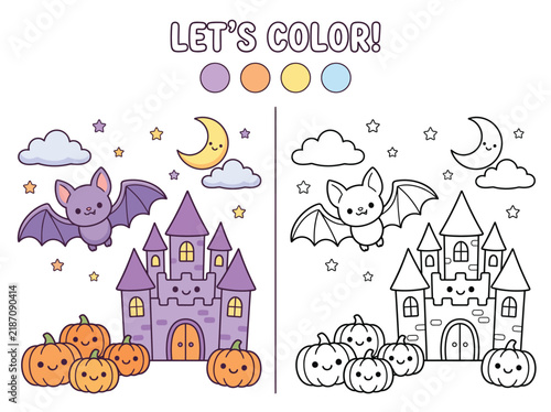 Cute bats coloring castle with pumpkins
