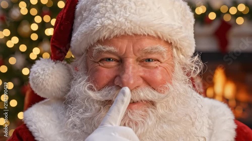 Close up portrait of Santa Claus holding finger to lips making shh gesture for secret, friendly saint nicholas in cozy indoor room near fireplace and bokeh lights, christmas surprise video