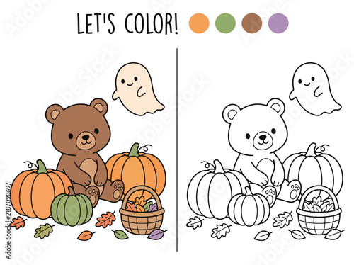 Cute bear and ghost coloring halloween scene