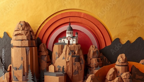 Paper Cutout Meteora Eastern Orthodox Monastery Greece Pop Art