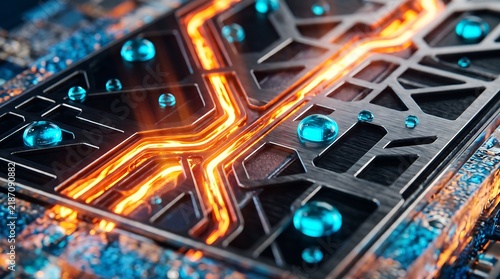 Glowing circuit pathways on a modern computer motherboard with water droplets computer hardware glowing circuits cooling system electronic board tech hardware liquid cooling digital pathways