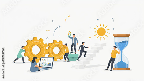 Flat vector illustration of business team collaborating on project development with gear wheels and hourglass timer