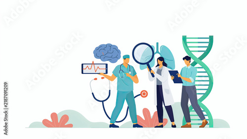 Flat vector illustration of medical professionals conducting scientific research with dna strands and healthcare symbols