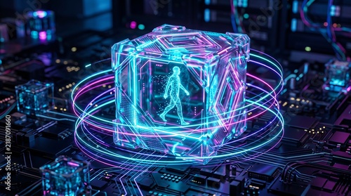 Digital human silhouette walking inside a glowing neon circuit cube with artificial intelligence data cube light trails human figure cyber world high tech smart tech futuristic tech data flow