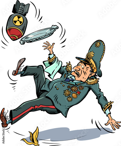 Slipping on a banana peel. A dangerous international situation. A soldier drops a bomb.