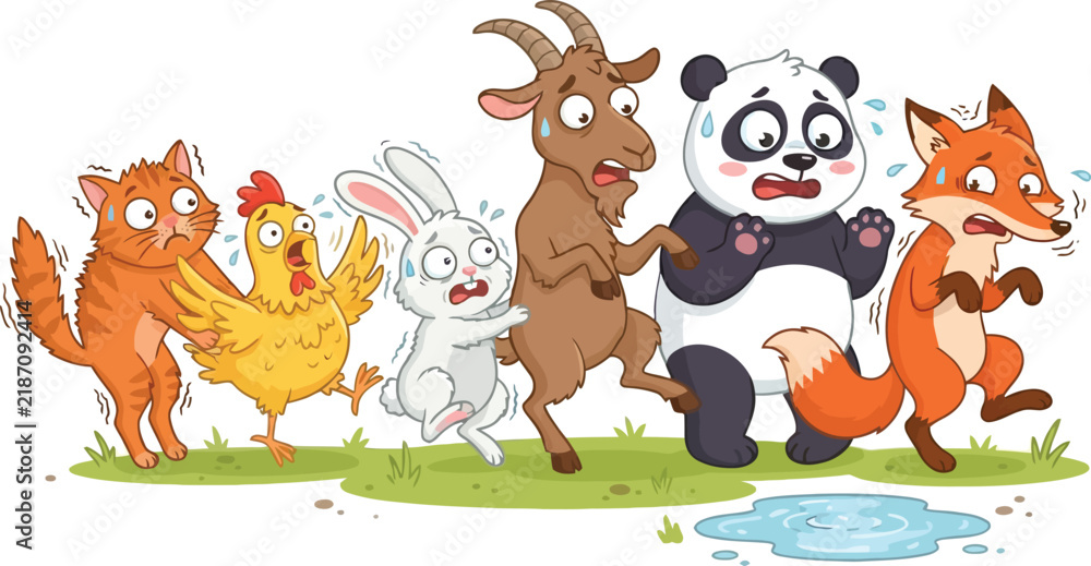 Naklejka premium A group of frightened cartoon animals standing together in a line.