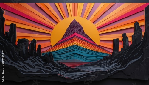 Paper Cutout Kirkjufell Mountain Iceland Sunset Sunburst Pop Art