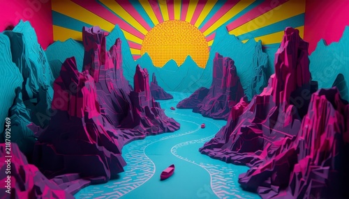 Paper Cutout Guilin Li River Mountains China Neon Pop Art