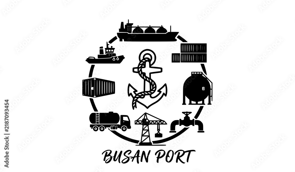 Obraz premium Busan Port natural gas logistics cargo silhouettes circular vector emblem