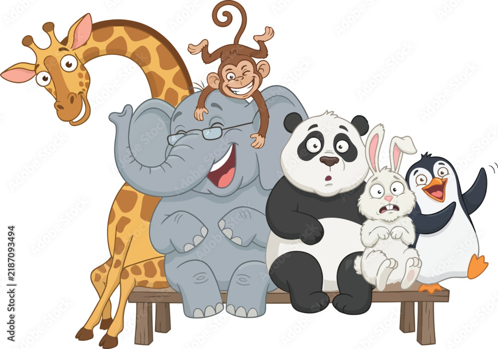 Obraz premium A group of diverse cartoon animals sitting together on a wooden bench.