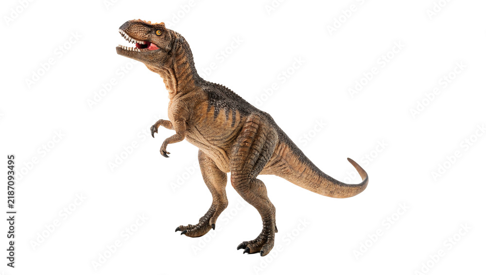Obraz premium Prehistoric wild tyrannosaurus rex dinosaur toy figurine roaring isolated on transparent background