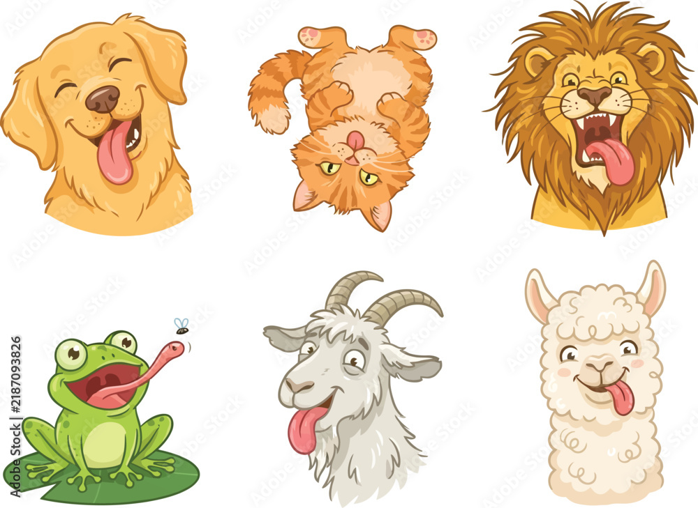 Fototapeta premium A collection of six cartoon animal illustrations featuring various creatures with their tongues sticking out.