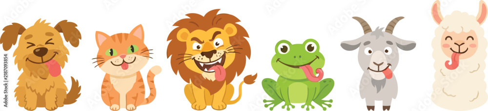 Fototapeta premium A collection of cute cartoon animals including a dog cat lion frog goat and llama.