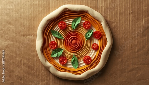 Top-down paper cut sculpture art of Italian artisan margherita pizza with fresh basil and tomato toppings