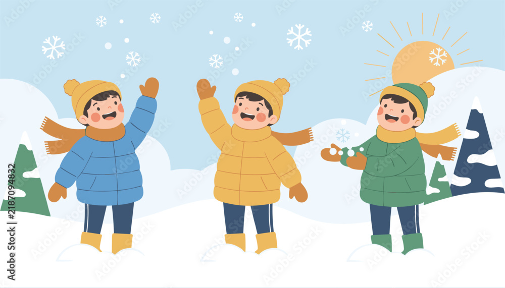 Fototapeta premium Three cheerful young children in warm winter jackets and hats playing with snowballs on a sunny winter landscape.