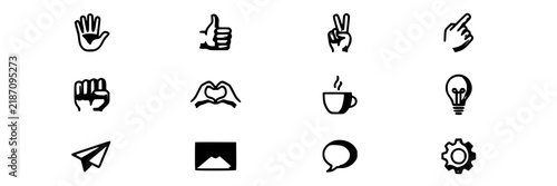Hand Gesture Icons Set, Minimalist Design with Various Symbols. Communication, Technology