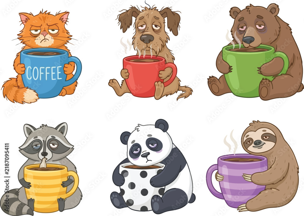 Obraz premium A collection of six tired animals holding mugs of coffee or tea.