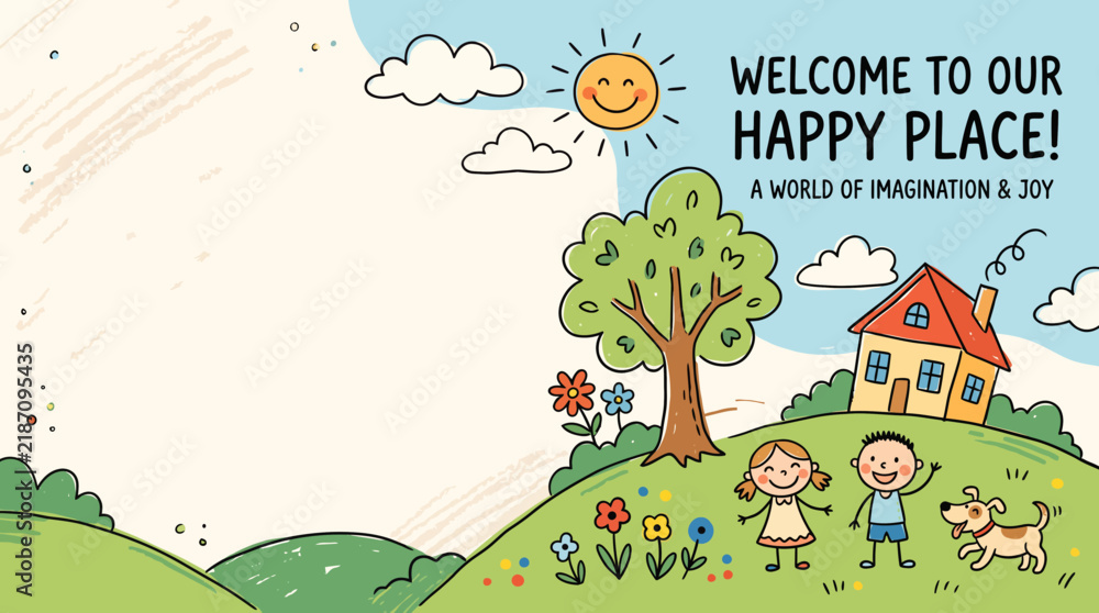 Naklejka premium Naive art style banner featuring happy children and a dog in a sunny landscape with copy space