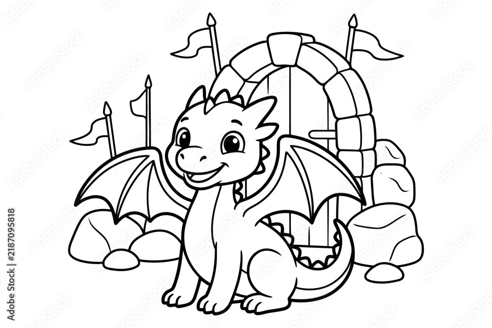 Fototapeta premium Cute baby dragon sitting in front of a stone castle gate for a fun coloring page design