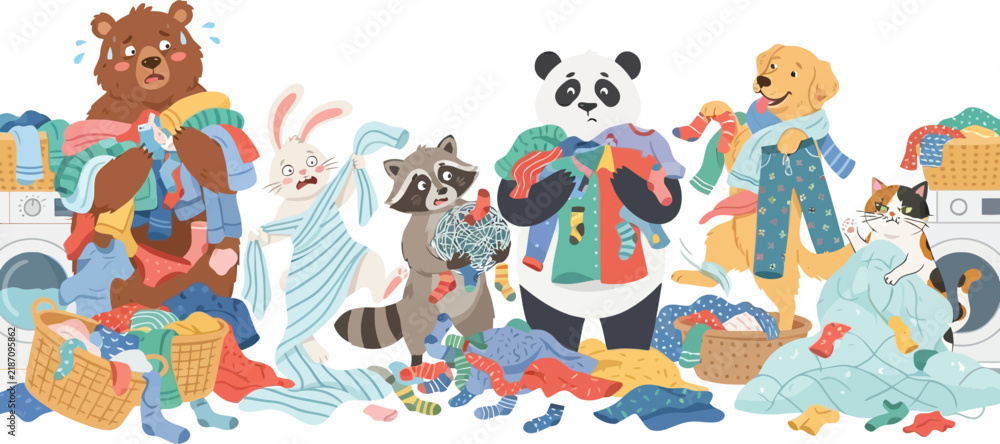 Fototapeta premium A group of cute anthropomorphic animals happily doing laundry together in a bright room.