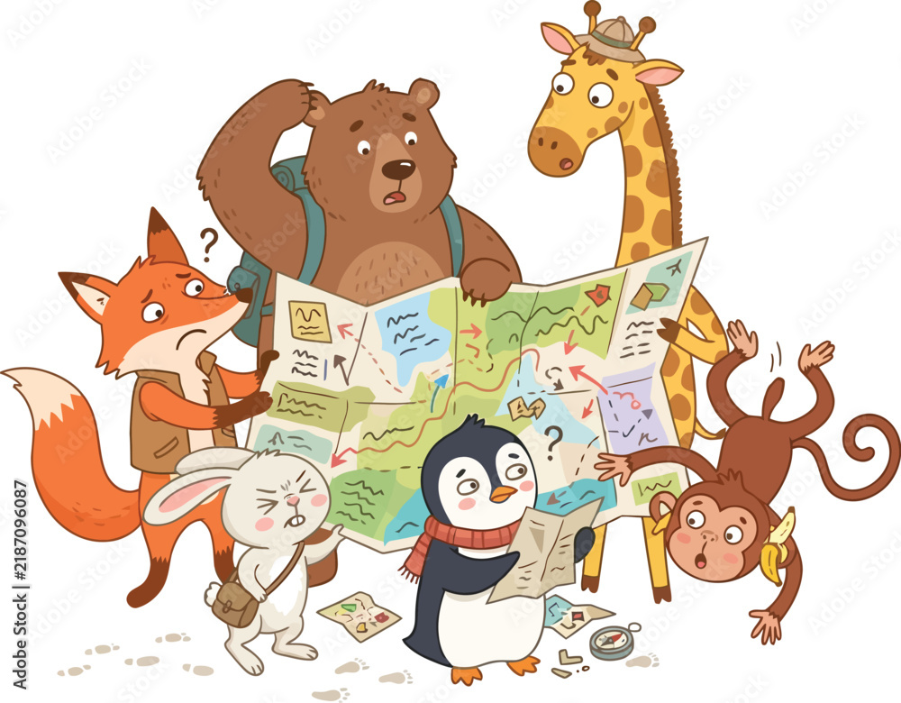 Naklejka premium A group of diverse cartoon animals looking at a map together.