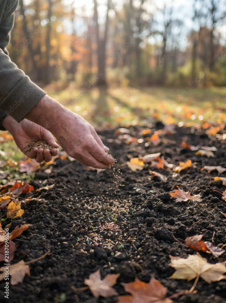 Obraz premium Hands Sowing Cover Crop Seeds by Hand onto Dark Garden Soil in Autumn