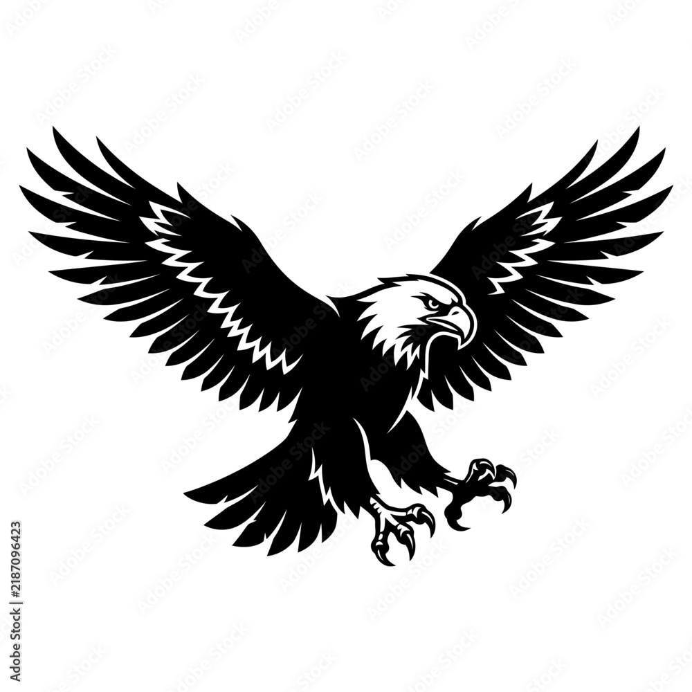 Fototapeta premium Black and white eagle silhouette illustration with wings spread wide, perfect for animal emblems and sports team logos