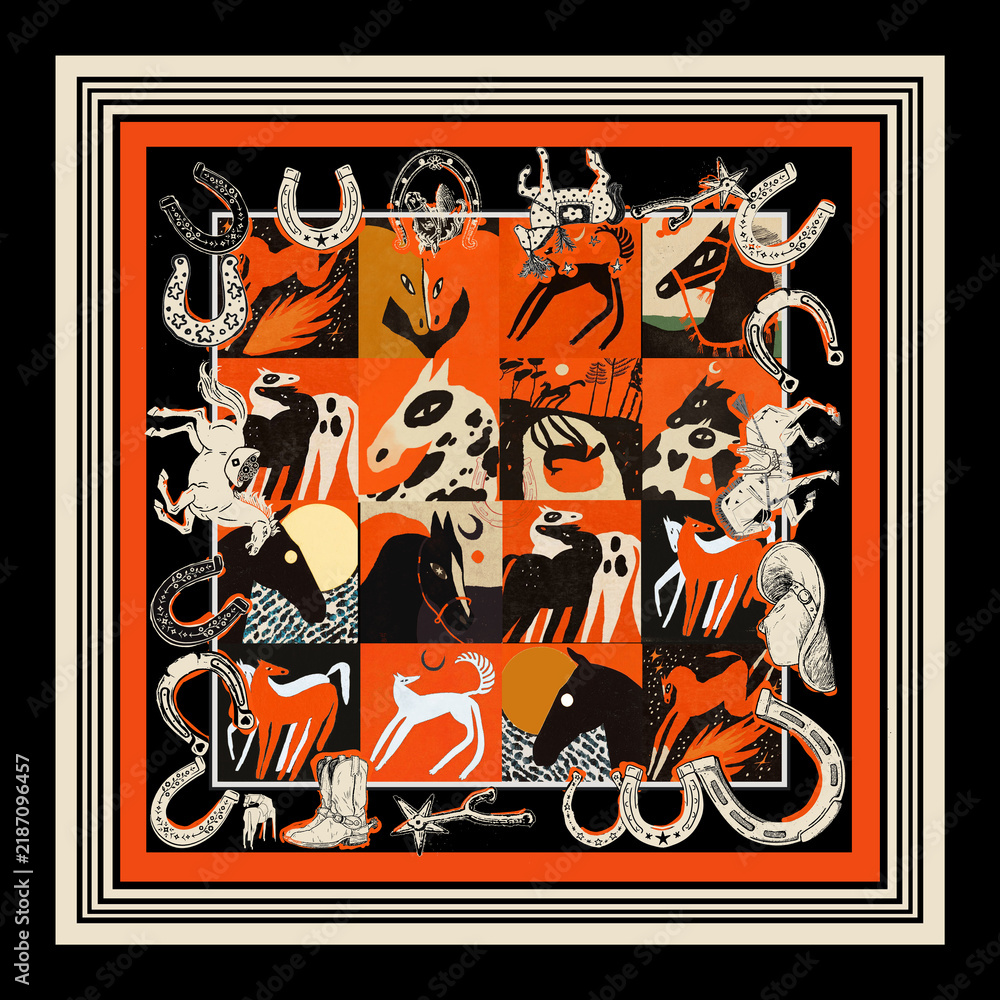 Fototapeta premium Bold square shape scarf pattern western bandana print featuring abstract horses, cowboy boots, and horseshoes.