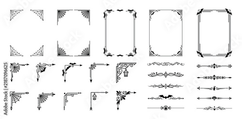 Halloween vintage frames and spooky spider web corner borders vector set.
