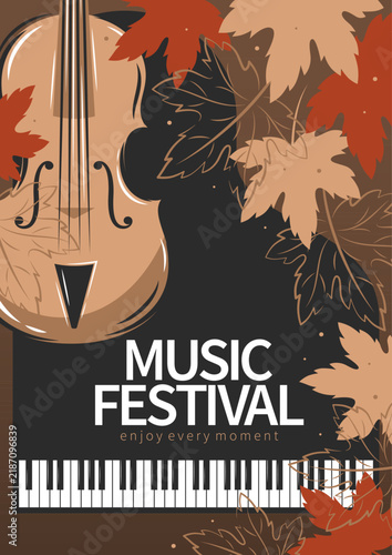 Music autumn festival. Events or classical music concert  poster. Violin and piano decorated with autumn leaves. Vector illustration.