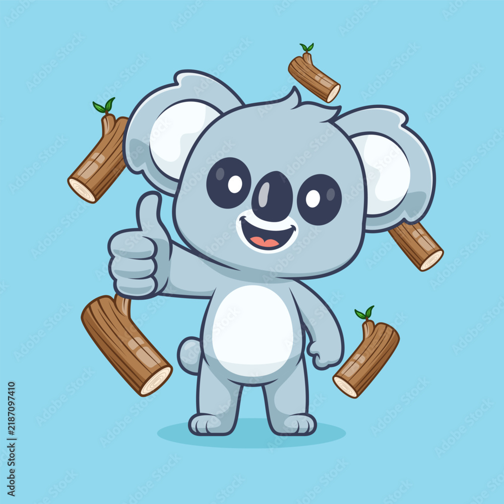 Fototapeta premium Cute Koala Thumbs Up With Branch Wood Tree Cartoon 