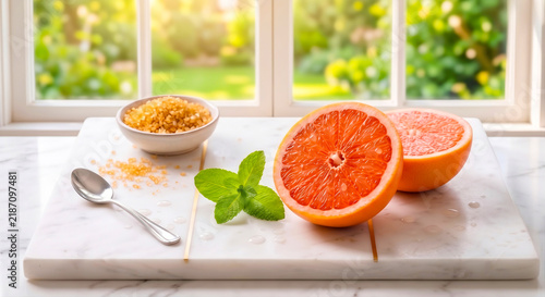 Halved blood oranges with water droplets, raw demerara sugar in a ceramic bowl, fresh mint sprig, and a silver spoon on a white marble board, minimalist morning wellness food concept