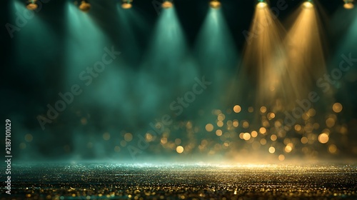Stage Spotlight With Gold Glitter And Bokeh Background – Dramatic Theatrical Concert Concept For Event Design