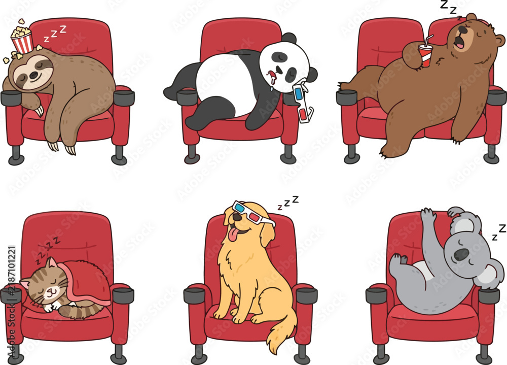 Fototapeta premium A collection of cute cartoon animals sleeping in red cinema seats.