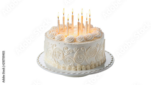 Sweet festive birthday cake topped with many lit burning candles isolated on transparent background