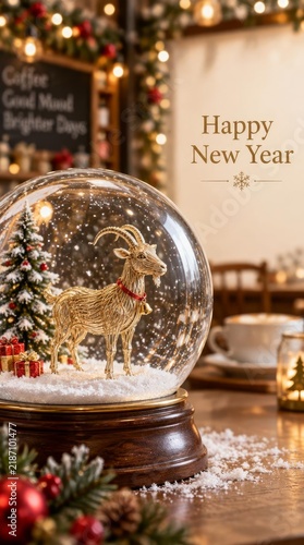 Gold Goat inside Snow Globe Surrounded by Christmas Decorations, 2027 New Year