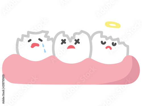 欠けて泣いている歯が歯茎の上で並ぶキャラクターイラスト