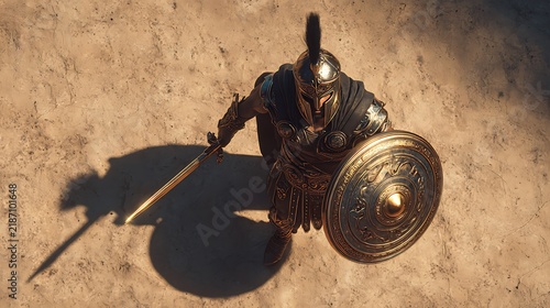 Ancient Warrior With Spear And Shield In Desert Landscape – Epic Historical Concept For Game And Fantasy Art