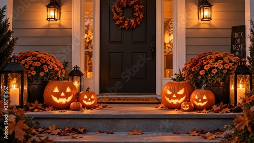 Elegant Halloween entrance lined with jack o lanterns and warm outdoor lights