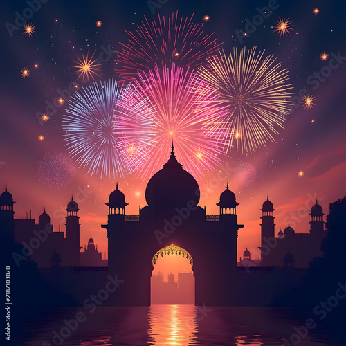 Diwali celebration night with colorful fireworks bursting over an Indian palace silhouette and water reflection