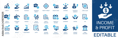 Income and profit solid icon set. Featuring investment, cash flow, revenue, financial growth, and tax. Editable vector glyphs for accounting and corporate finance.