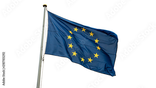 National flag of European Union on a metallic flagpole waving isolated on transparent background