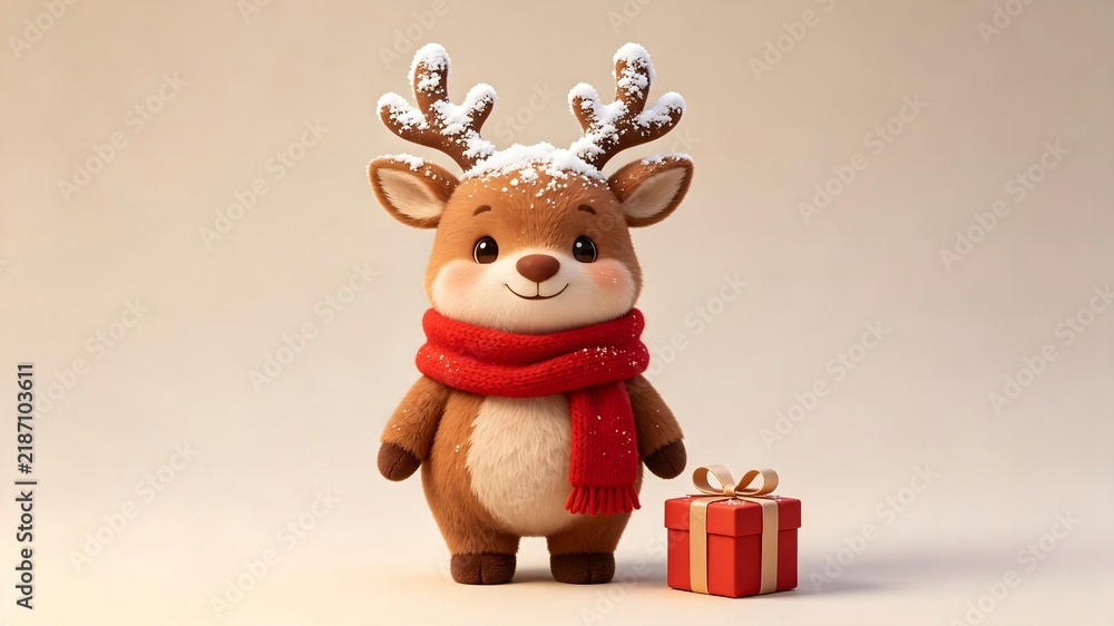 Fototapeta premium Cute 3D Reindeer Character Standing with Christmas Gift Box wearing Red Scarf