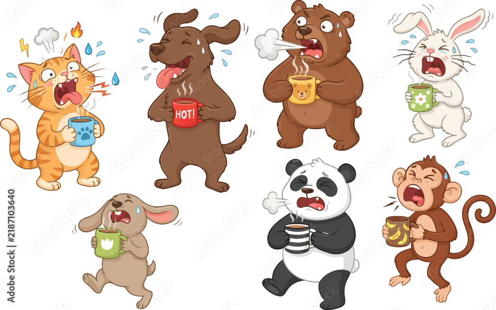 Naklejka premium A collection of cartoon animals reacting to hot beverages with funny expressions.