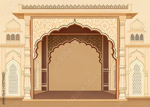 Royal haveli archway from Rajasthan  decorative jharokha elements  curved arch  ornamental pillars  empty center  premium vector art