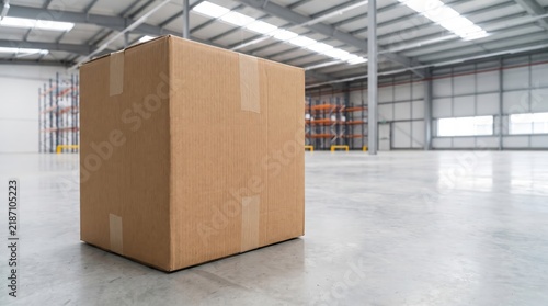 Recycled brown kraft corrugated cardboard delivery parcel shipping box sealed with paper tape standing on polished industrial concrete warehouse floor.