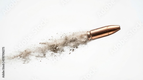 Flying rifle bullet with smoke trail on white background.